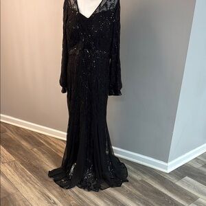 R & M Richards Black Sequin Long Sleeve Gown